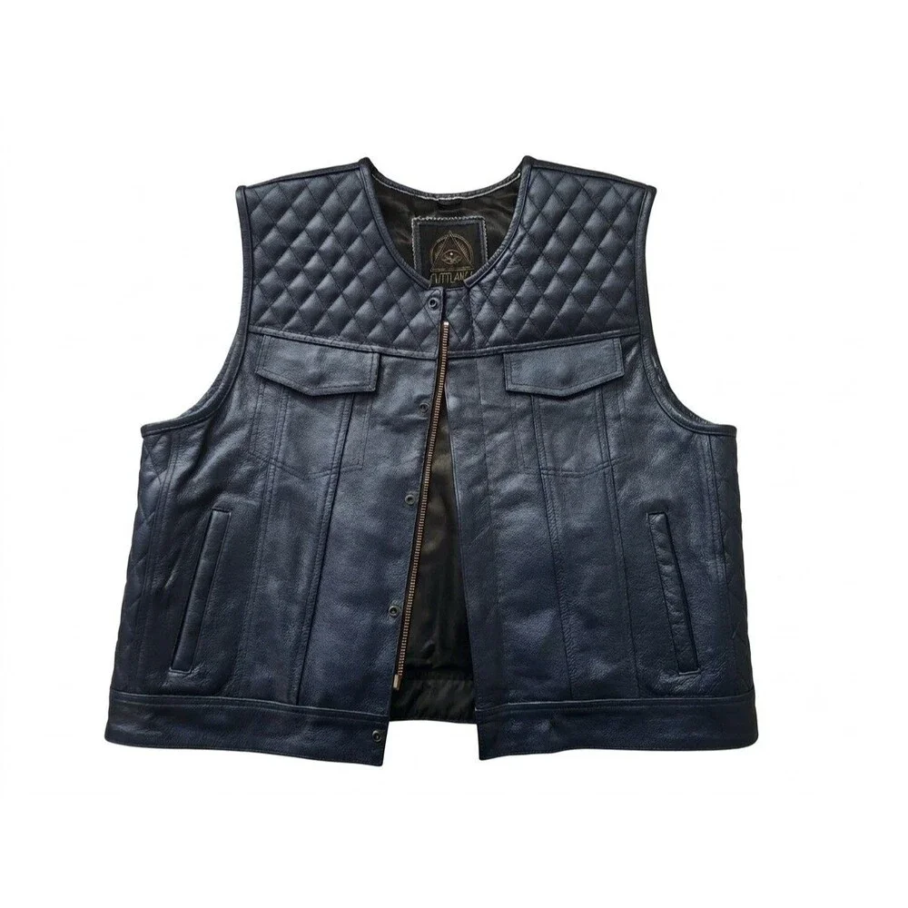 Cuttlanes Mens 3XL Navy Blue Leather Diamond Quilted Biker Motorcycle Vest CCW